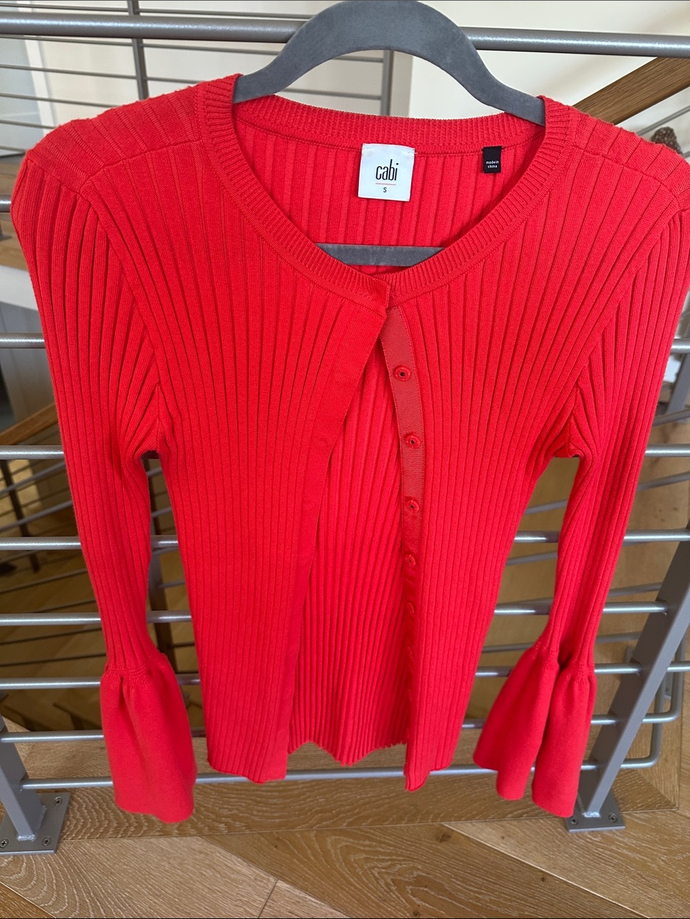 CAbi Slim Ribbed Button-Up Lightweight Sweater in Bright Red/Orange. In⏰🙀😎